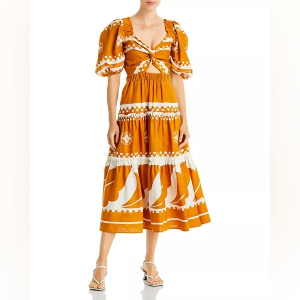 Sea New York Orange Linen Blend Tie Front Midi Dress Pockets Size 4